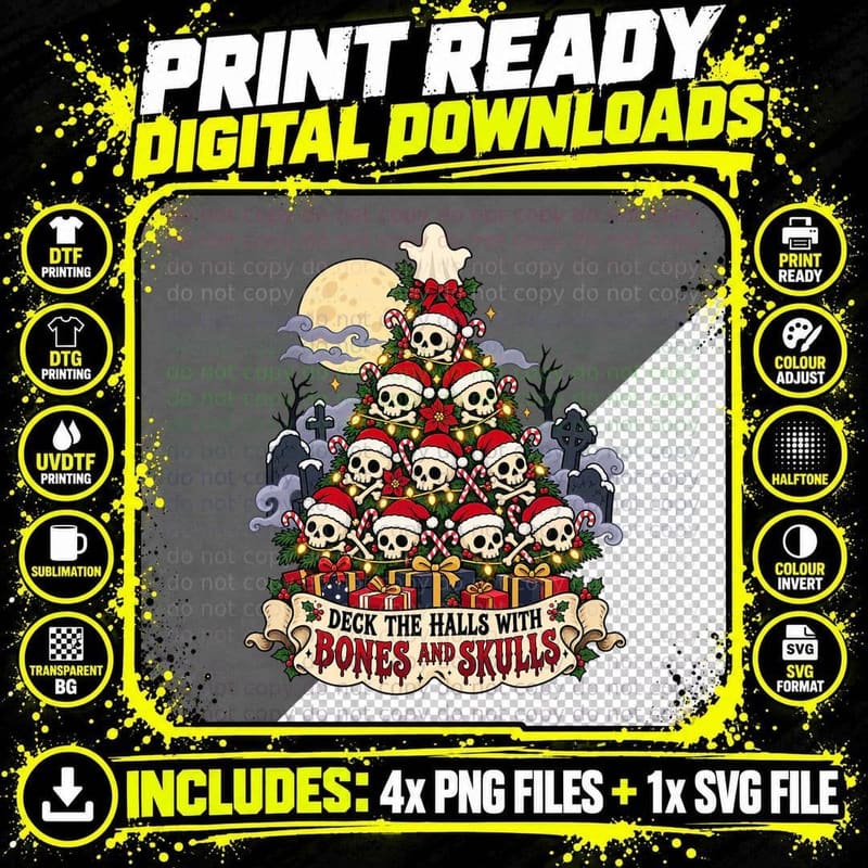 Skull Christmas Tree Gothic Holiday Cute Cartoon Png SVG Digital Bundle