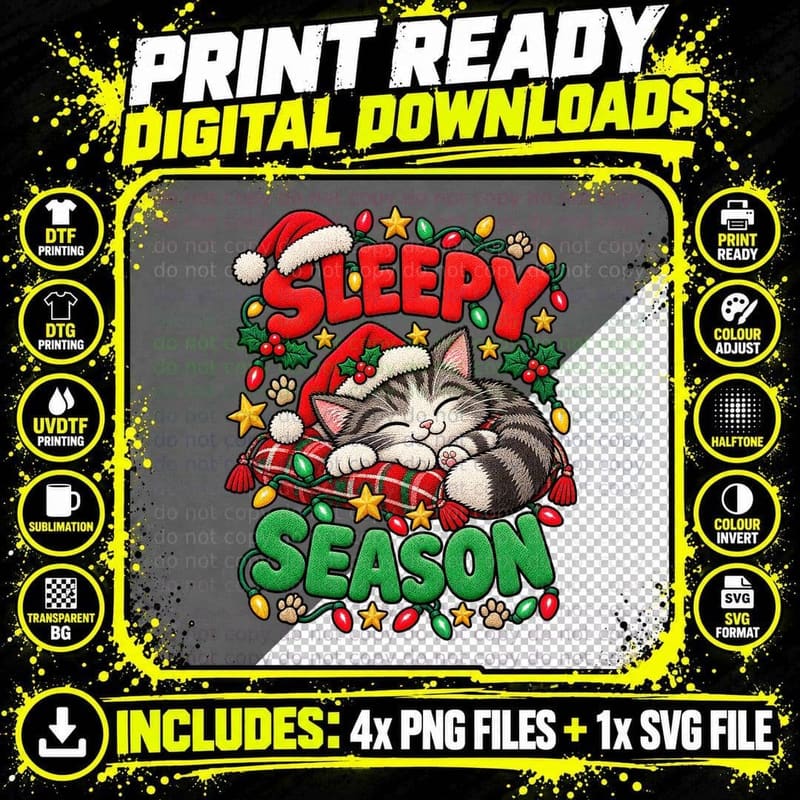 Sleepy Cat Christmas Ugly Sweater Boxing Day Cat Lover Png SVG Digital Bundle