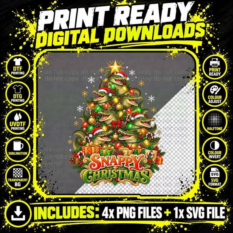 Snappy Christmas Crocodile Funny Reptile Lover Retro Png SVG Digital Bundle