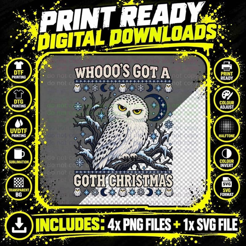 Snowy Owl Goth Christmas Ugly Sweater Winter Snowflake Png SVG Digital Bundle