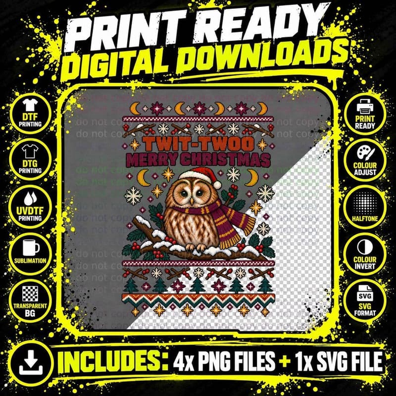 Tawny Owl Christmas Ugly Sweater Retro Pixel Knit Png SVG Digital Bundle