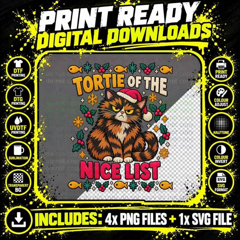 Tortoiseshell Cat Christmas Ugly Sweater Grumpy Tortie Png SVG Digital Bundle
