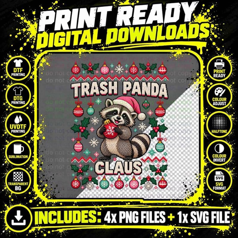 Trash Panda Claus Raccoon Christmas Ugly Sweater Funny Png SVG Digital Bundle