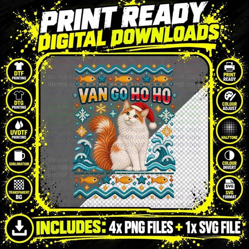 Turkish Van Cat Christmas Ugly Sweater Funny Cat Lover Png SVG Digital Bundle