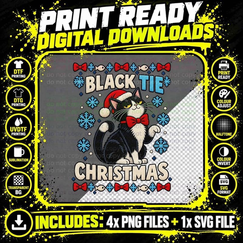 Tuxedo Cat Christmas Ugly Sweater Black Tie Santa Hat Png SVG Digital Bundle