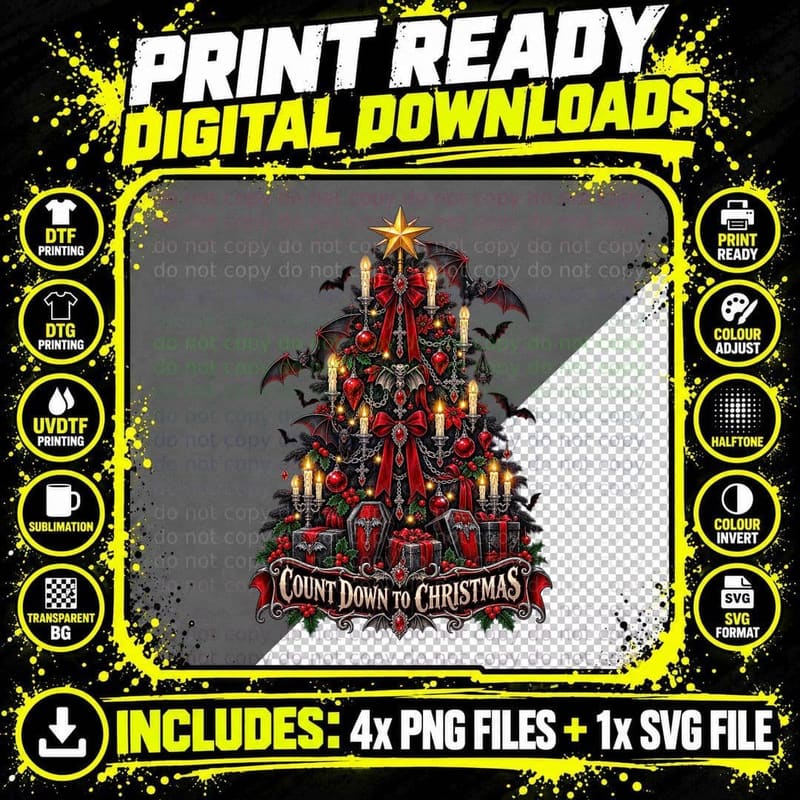 Vampire Christmas Tree Gothic Horror Bats Dark Holiday Png SVG Digital Bundle