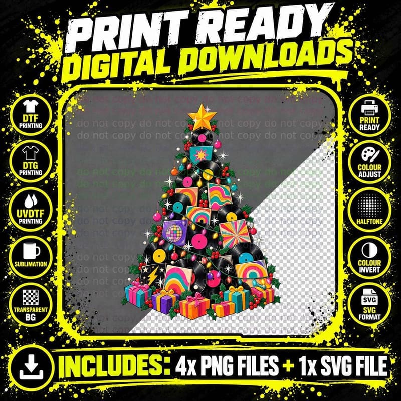 Vinyl Record Christmas Retro Music Lover DJ Collector Png SVG Digital Bundle