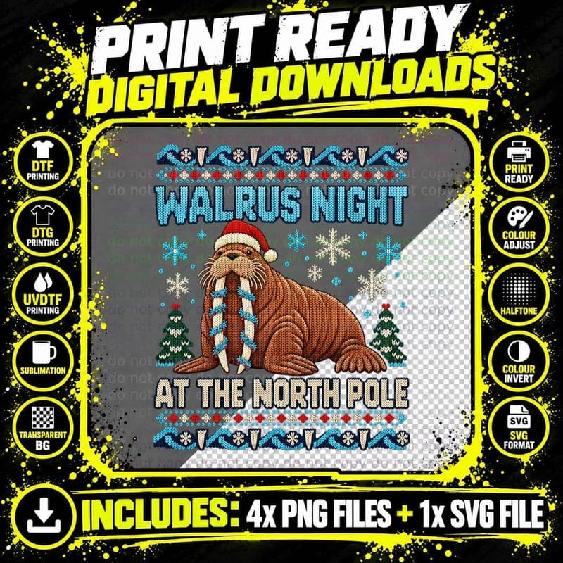 Walrus Christmas Ugly Sweater Arctic Animal Holiday Png SVG Digital Bundle