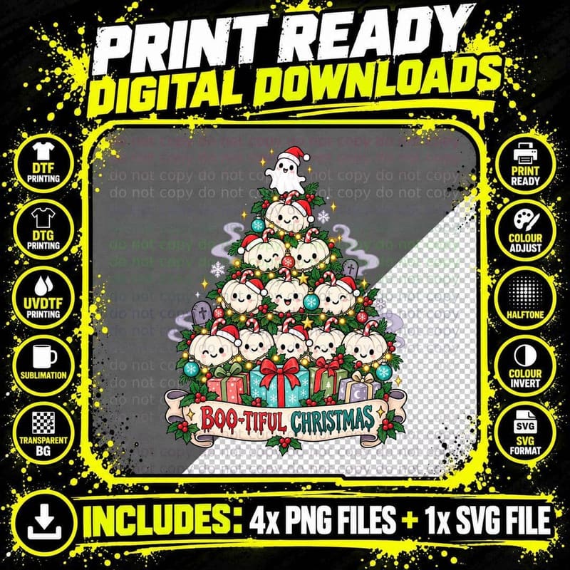 White Ghost Pumpkin Christmas Tree Cute Pastel Spooky Png SVG Digital Bundle