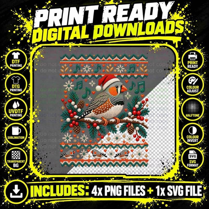 Zebra Finch Ugly Sweater Christmas Bird Orange Beak Png SVG Digital Bundle