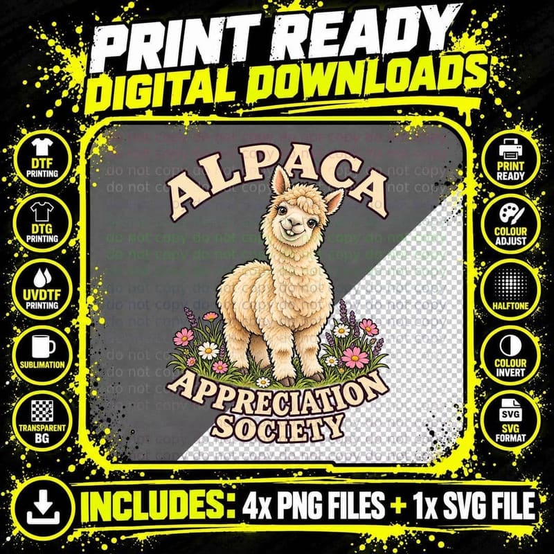 Alpaca Appreciation Society Retro Fluffy Alpaca Lover Png SVG Digital Bundle