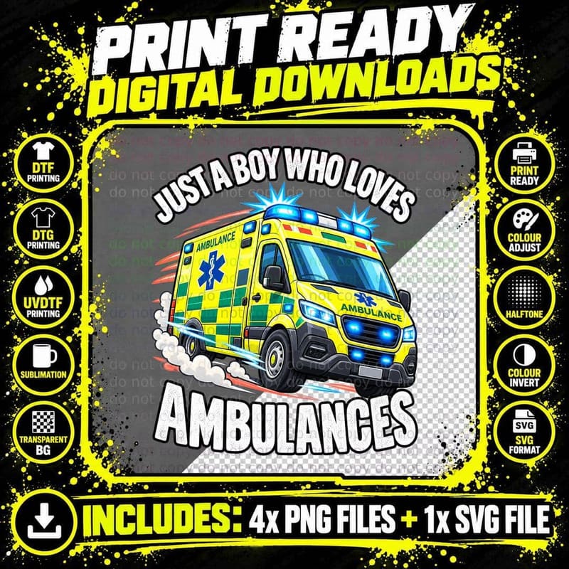 Ambulance Lover British Emergency Vehicle Cartoon Boys Png SVG Digital Bundle