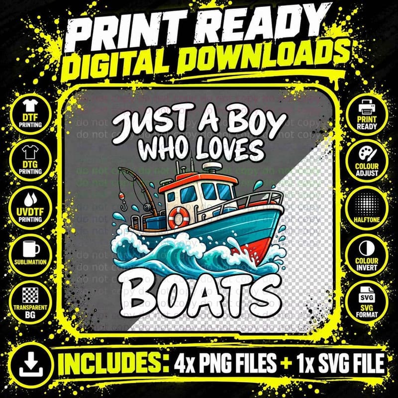 Boat Lover Boys Fishing Boat Nautical Ocean Cartoon Png SVG Digital Bundle