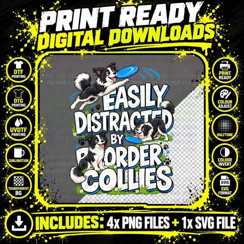 Border Collie Dog Lover Funny Easily Distracted Cartoon Png SVG Digital Bundle