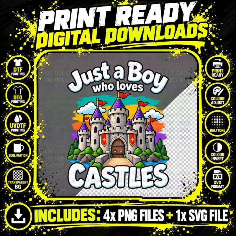 Boys Castle Retro Cartoon Tee Medieval Fortress Kids Png SVG Digital Bundle