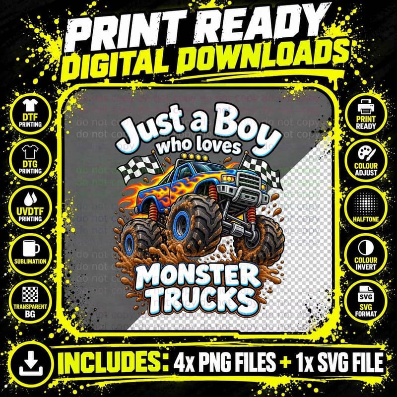Boys Monster Truck Retro Cartoon Tee Big Wheels Kids Png SVG Digital Bundle