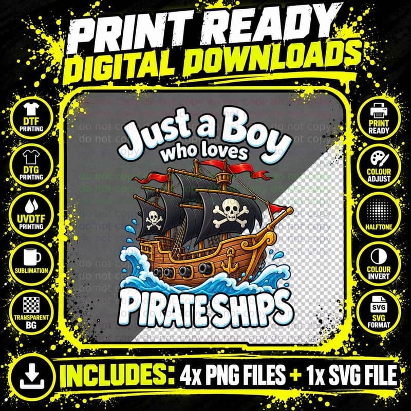 Boys Pirate Ship Retro Cartoon Tee Sailing Ocean Kids Png SVG Digital Bundle