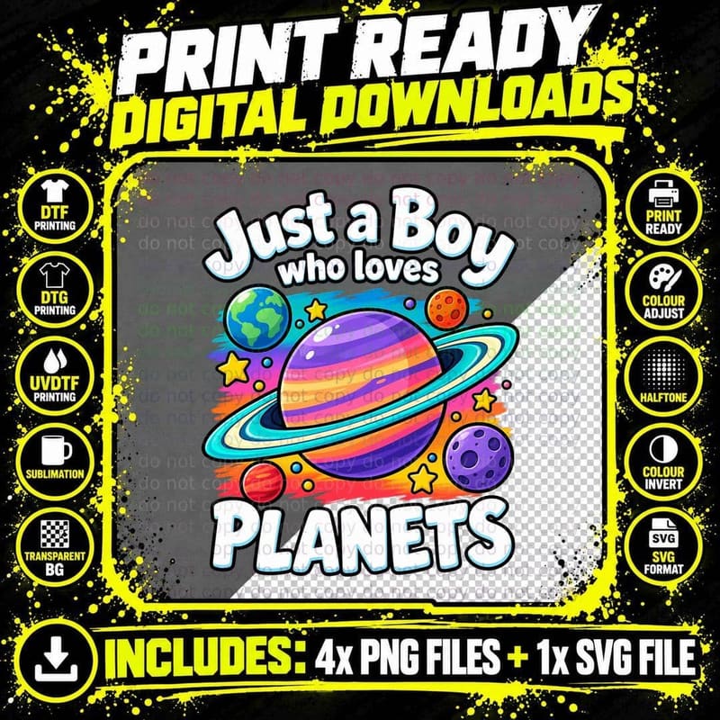 Boys Planet Retro Space Tee Saturn Astronomy Kids Png SVG Digital Bundle