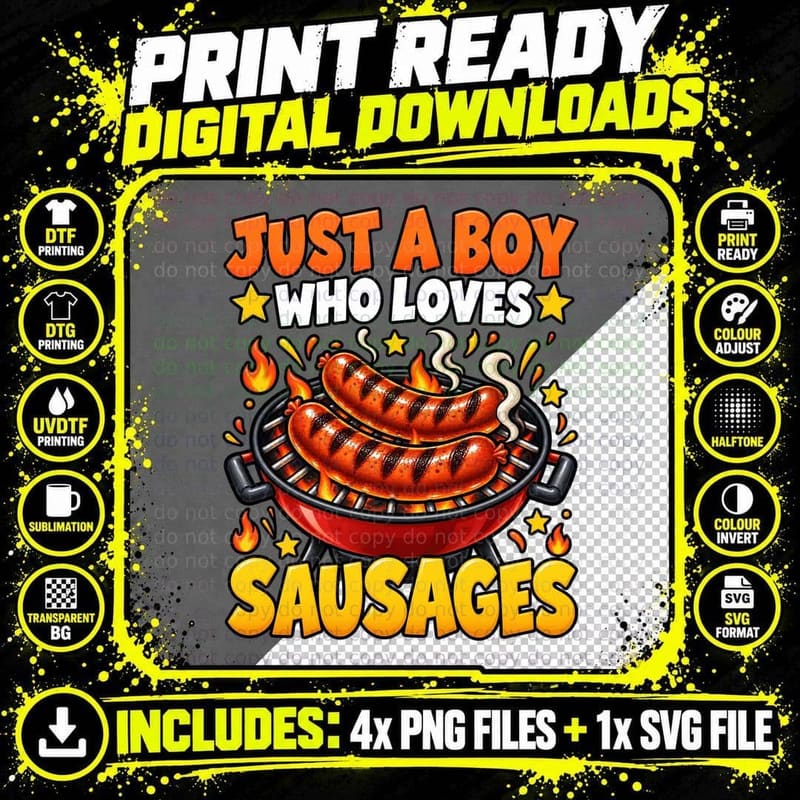Boys Sausage Lover Kawaii Cartoon BBQ Grill Summer Png SVG Digital Bundle