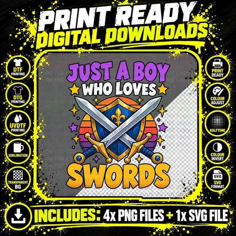 Boys Swords Retro Sunset Medieval Knight Shield Crossed Png SVG Digital Bundle