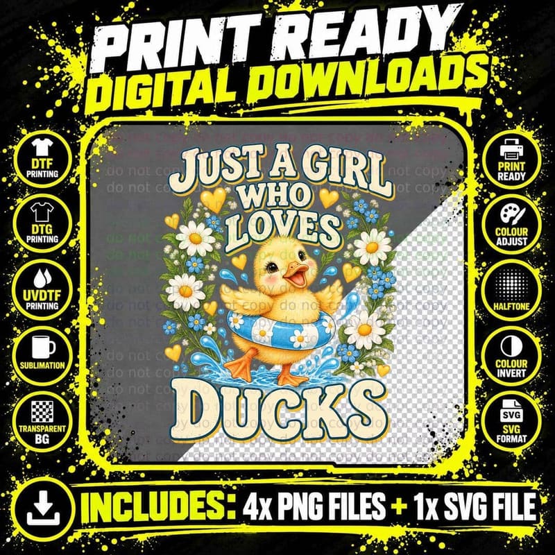 Duck Lover Cute Duckling Floral Wreath Spring Garden Png SVG Digital Bundle