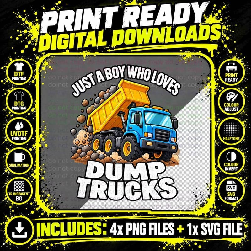 Dump Truck Lover Cartoon Construction Vehicle Boys Kids Png SVG Digital Bundle