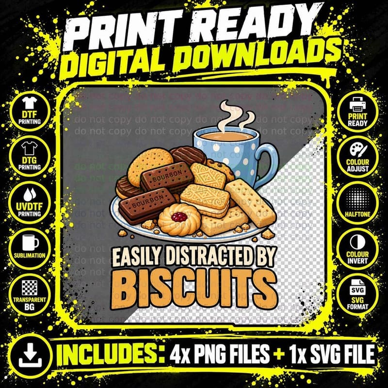 Easily Distracted By Biscuits Funny Tea Break Snack Png SVG Digital Bundle
