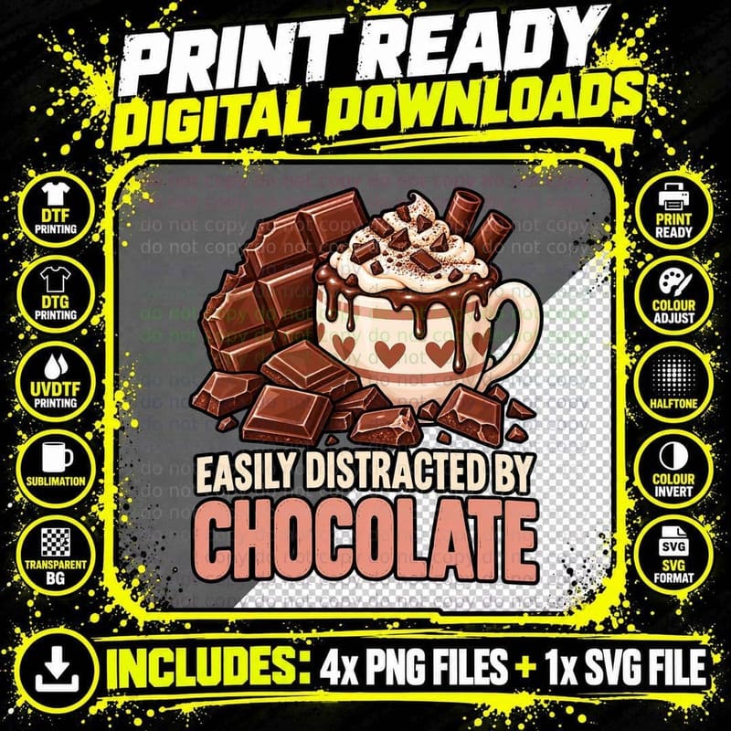 Easily Distracted By Chocolate Funny Chocoholic Hot Png SVG Digital Bundle