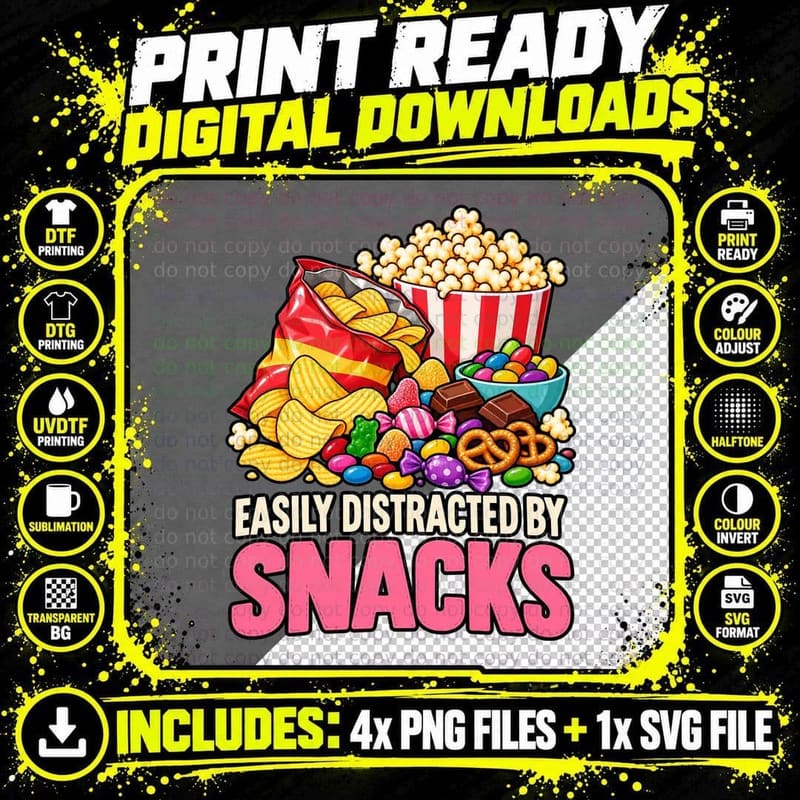 Easily Distracted By Snacks Funny Crisps Popcorn Sweets Png SVG Digital Bundle