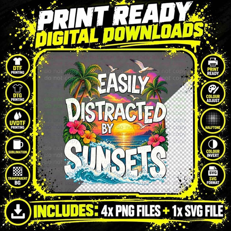 Easily Distracted By Sunsets Tropical Beach Ocean Sunset Png SVG Digital Bundle