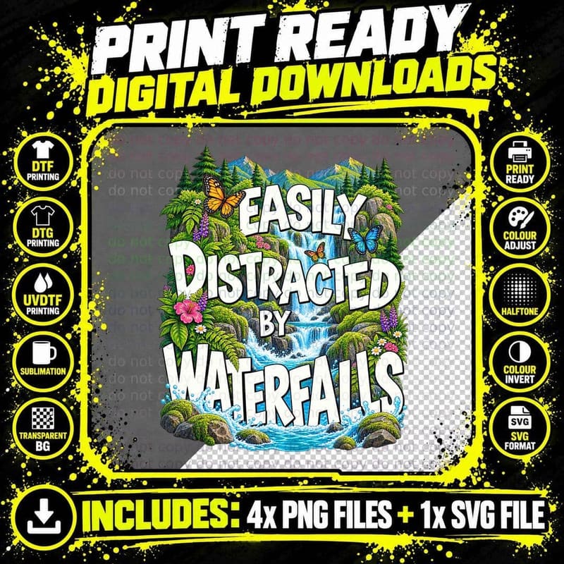 Easily Distracted By Waterfalls Nature Hiking Adventure Png SVG Digital Bundle