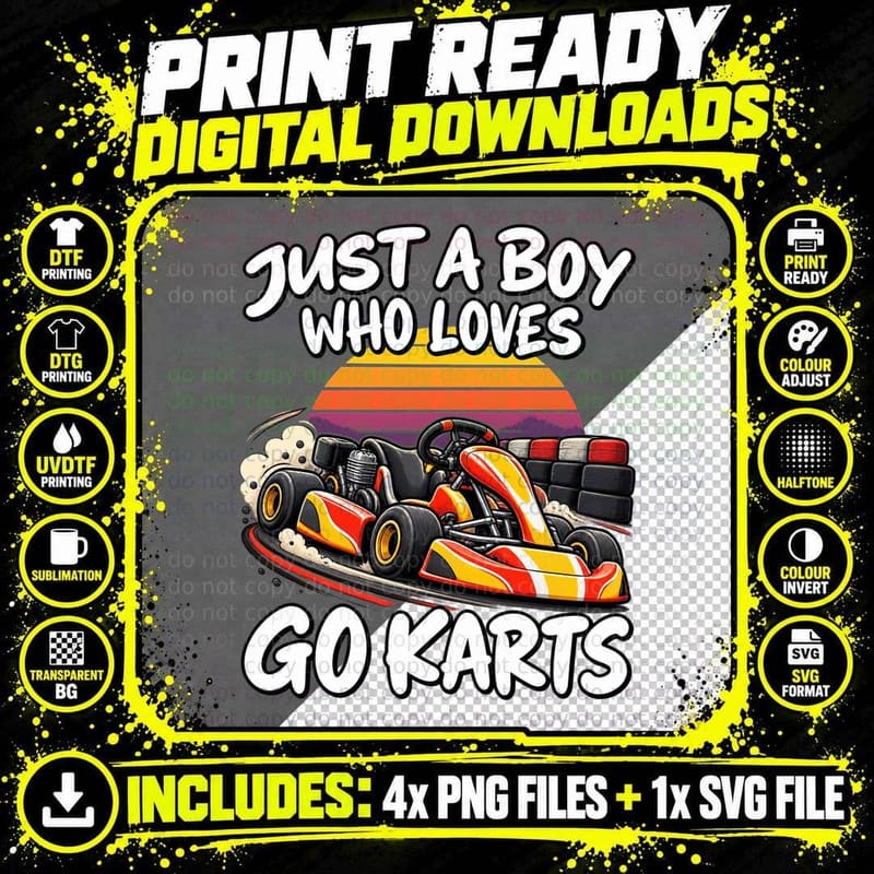 Go Kart Lover Boys Retro Sunset Kart Racing Motorsport Png SVG Digital Bundle