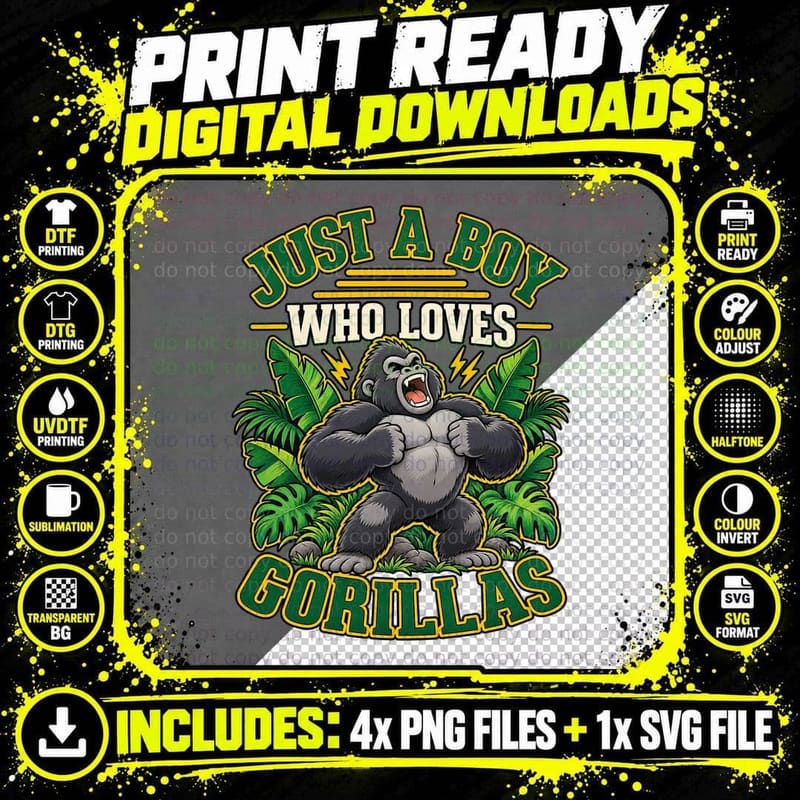 Gorilla Lover Retro Cartoon Tee Cute Gorilla Wildlife Png SVG Digital Bundle