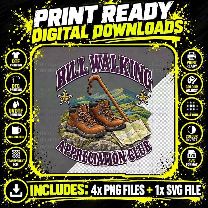 Hill Walking Appreciation Club Vintage Hiking Retro Png SVG Digital Bundle