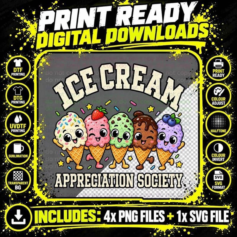 Ice Cream Appreciation Society T-Shirt Cute Kawaii Retro Png SVG Digital Bundle