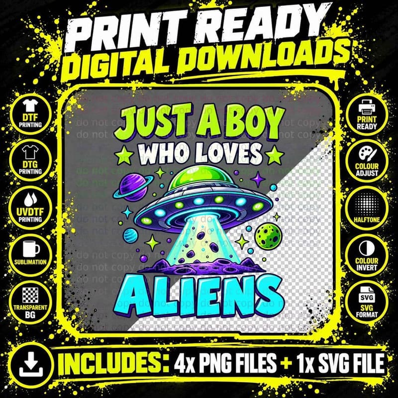 Just a Boy Who Loves Aliens UFO Spaceship Retro Sci Fi Png SVG Digital Bundle