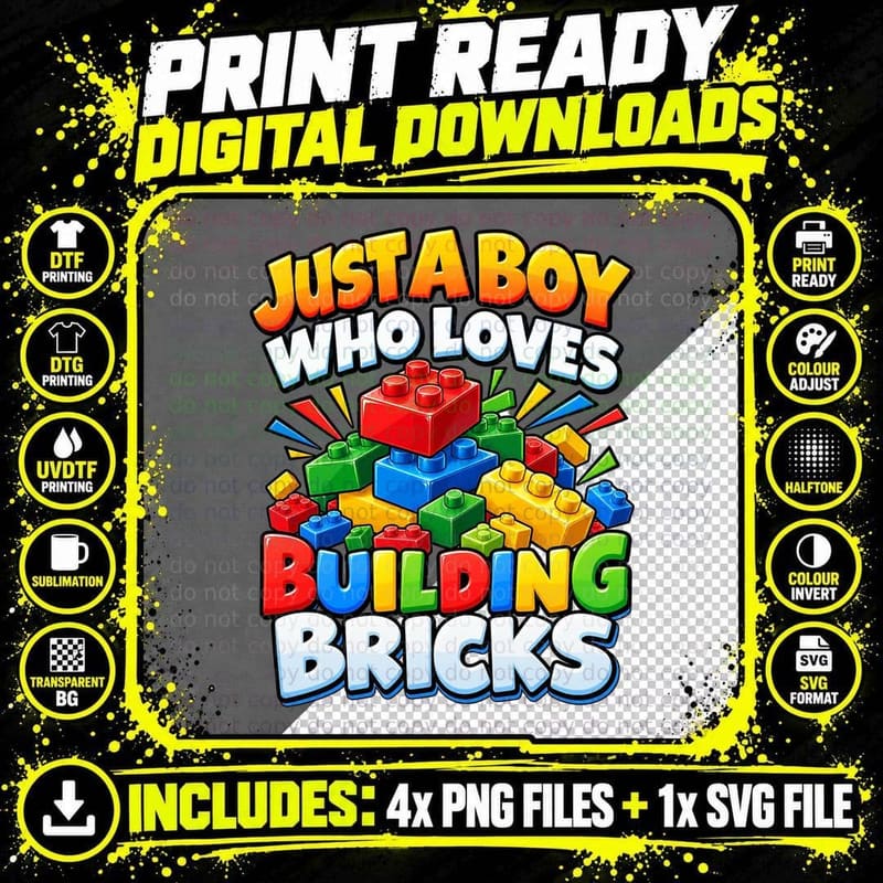 Just a Boy Who Loves Building Bricks Cute Toy Brick Png SVG Digital Bundle
