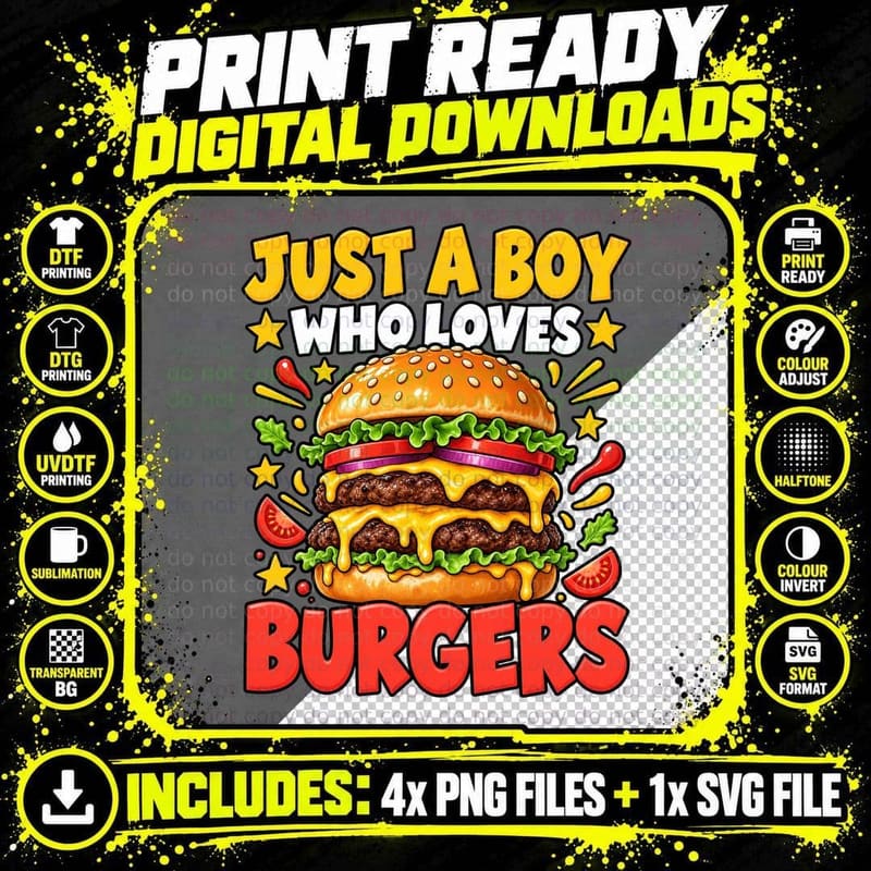 Just a Boy Who Loves Burgers Retro Diner Double Png SVG Digital Bundle
