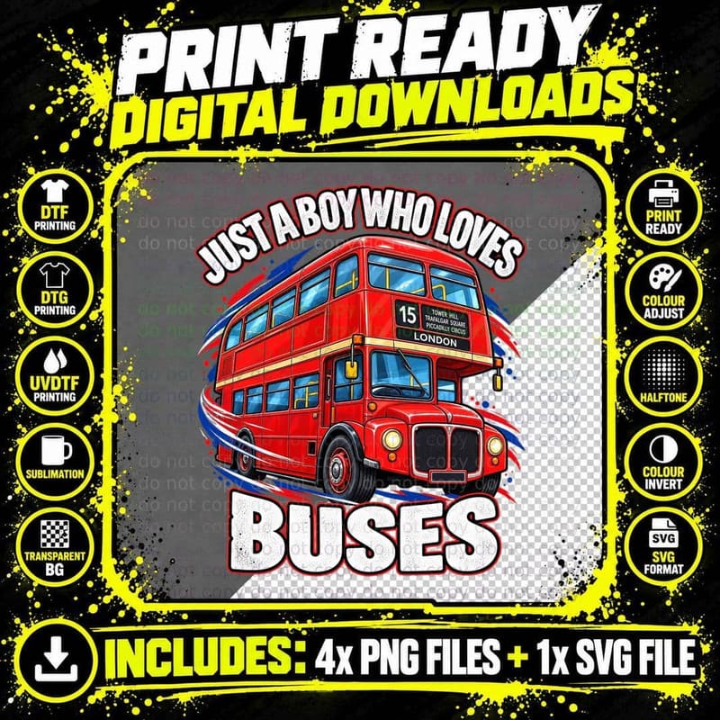 Just a Boy Who Loves Buses Red London Double Decker Bus Png SVG Digital Bundle
