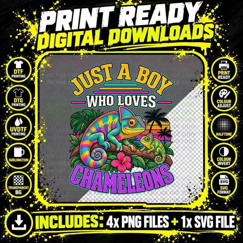 Just a Boy Who Loves Chameleons Rainbow Chameleon Retro Png SVG Digital Bundle