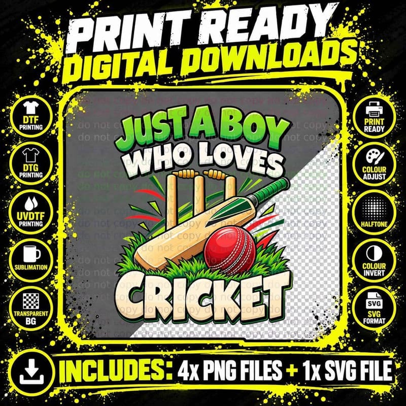 Just a Boy Who Loves Cricket Classic Cricket Sports Boys Png SVG Digital Bundle