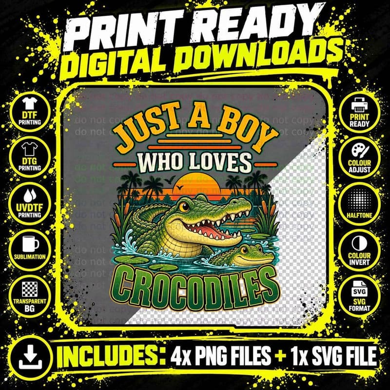 Just a Boy Who Loves Crocodiles Retro Sunset Swamp Gator Png SVG Digital Bundle
