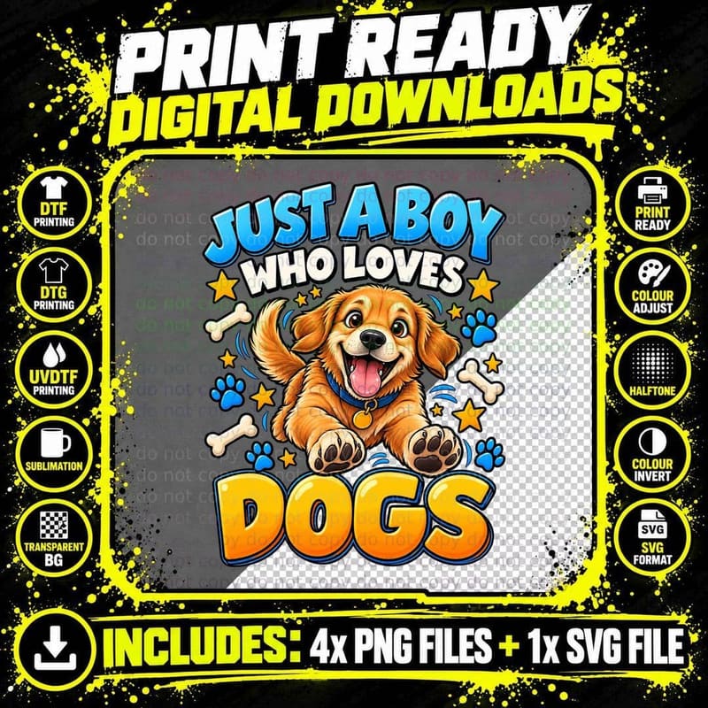 Just a Boy Who Loves Dogs Golden Puppy Pet Cute Animal Png SVG Digital Bundle