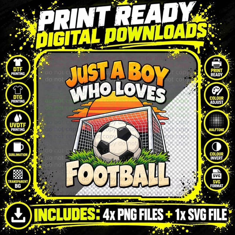 Just a Boy Who Loves Football Retro Sunset Soccer Sports Png SVG Digital Bundle