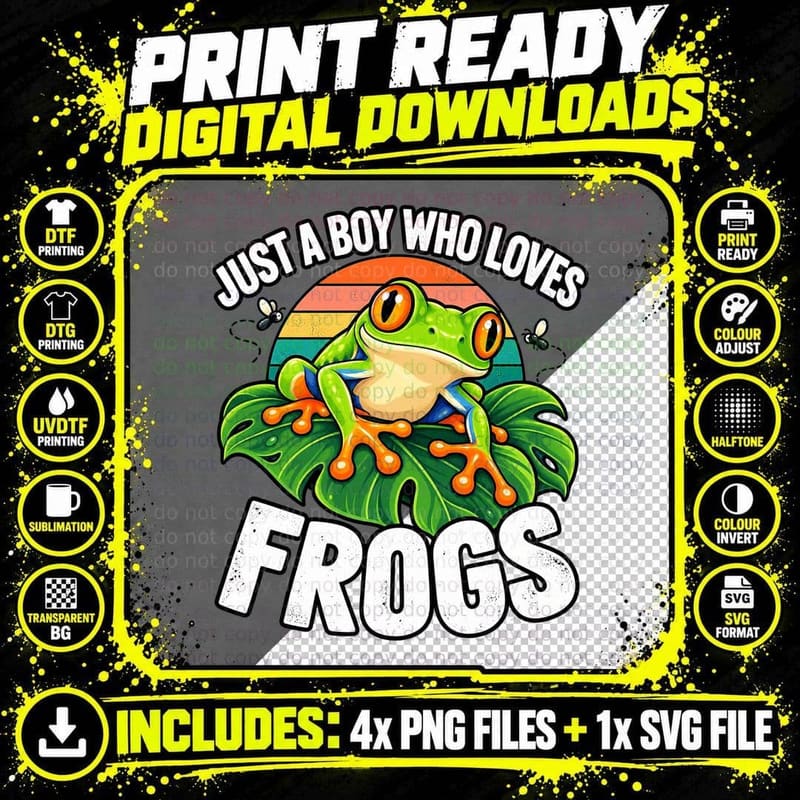 Just a Boy Who Loves Frogs Red Eyed Tree Frog Retro Png SVG Digital Bundle