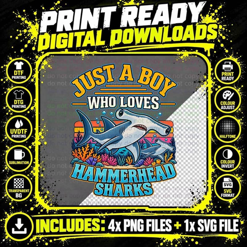 Just a Boy Who Loves Hammerhead Sharks Tropical Reef Png SVG Digital Bundle