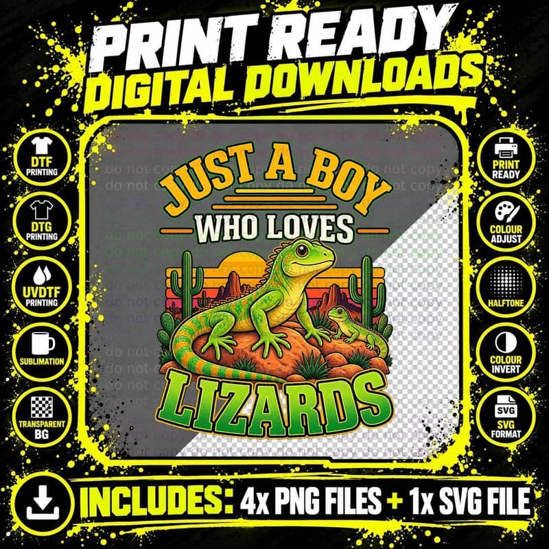 Just a Boy Who Loves Lizards Green Desert Lizard Retro Png SVG Digital Bundle