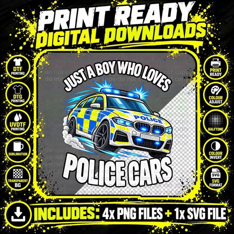 Just a Boy Who Loves Police Cars British Blue Flashing Png SVG Digital Bundle