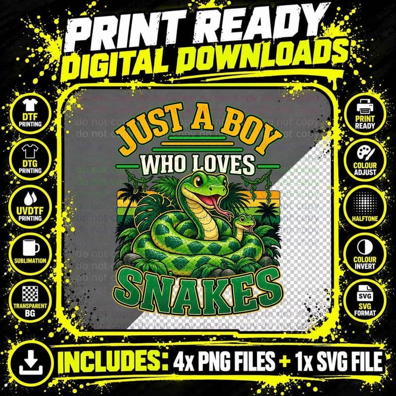 Just a Boy Who Loves Snakes Green Jungle Snake Retro Png SVG Digital Bundle