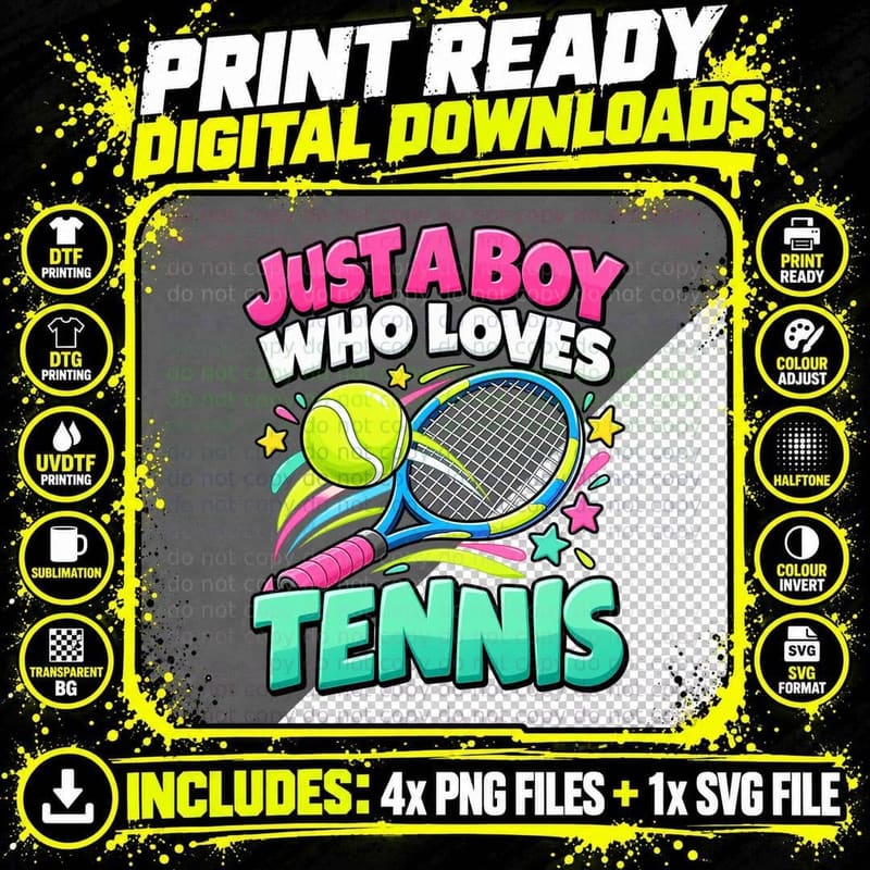 Just a Boy Who Loves Tennis Cute Kawaii Tennis Lover Png SVG Digital Bundle